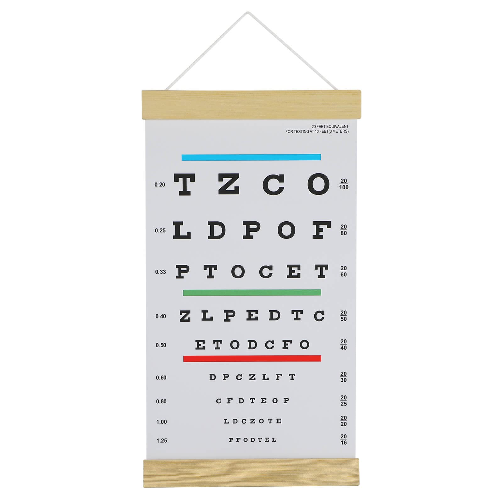 NOYOC Snellen Eye Chart for Exams 10 Feet, 15x8 Inches Canvas Low Vision Eye Chart with Red Green Lines for Kids Gifts, Wooden Frame for Wall Decor