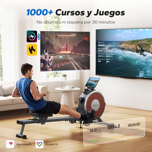 MERACH Máquina de Remo, remadora con Resistencia magnética, 16 Niveles de Ajuste de Resistencia, Remo con Resistencia silenciosa, Doble guía, Capacidad máxima de 158KG, Enlace de aplicación