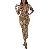 PuiLean Women's Short Sleeve Button Down Shirt Dress Casual Print Collar V Neck Midi Dresses