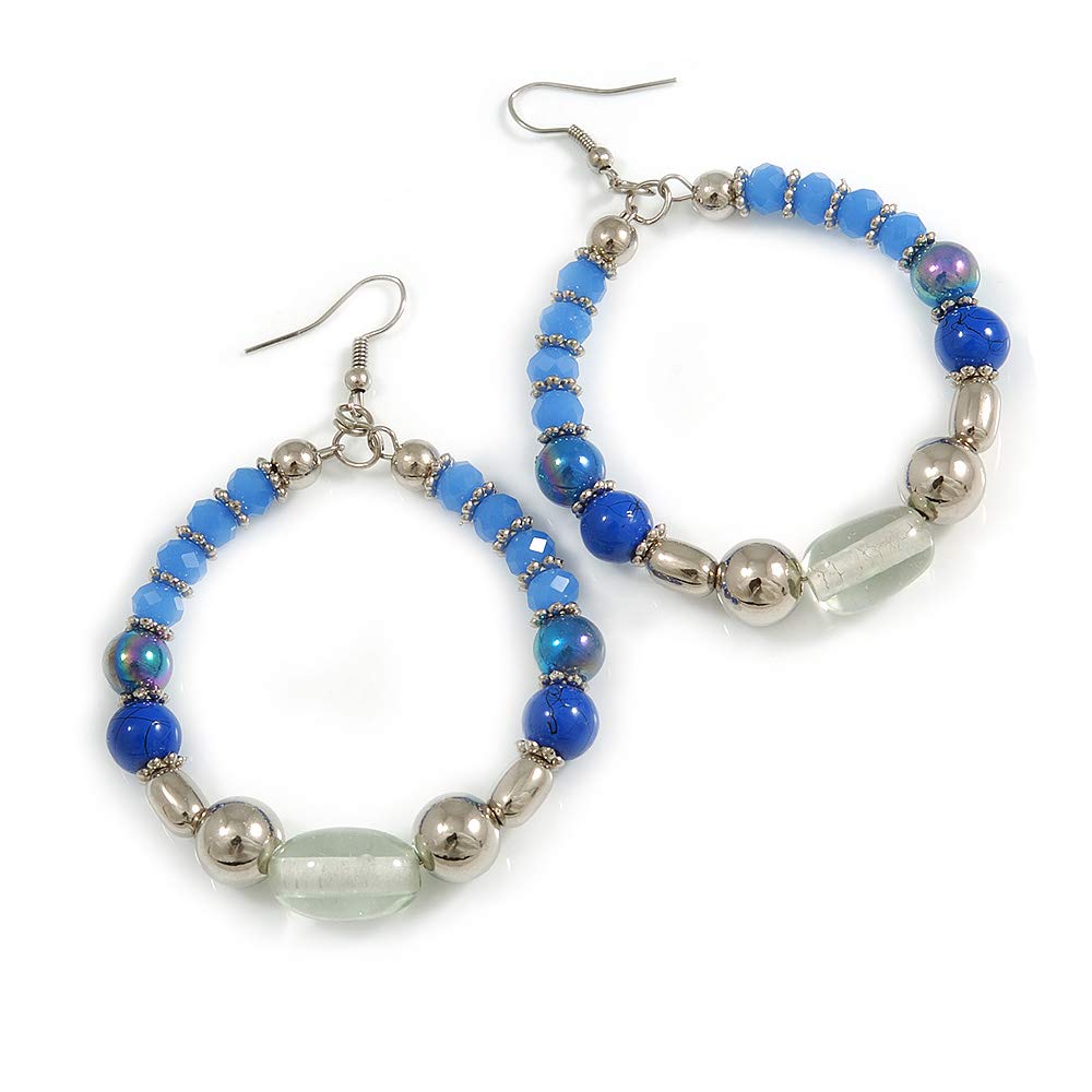 Blue/Silver/Transparent Ceramic/Glass Bead Hoop Earrings In Silver Tone - 80mm Long