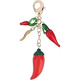 Fukaisu Chili Keychain, Alloy Red Gold Chili Pepper Charm Stylish Vegetable Keychain Pepper Bag Charm for Women Men Purse Backpack