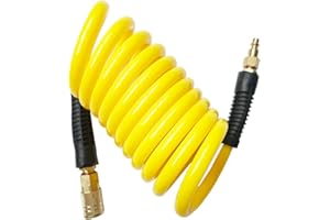 SANFU (PU) Polyurethane Recoil 3/8”ID(8 x 12mm) x 10ft, Air Hose Flexible, Compact, 145PSI with Reassembled Brass Quick Coupler and Plug, Yellow(10')