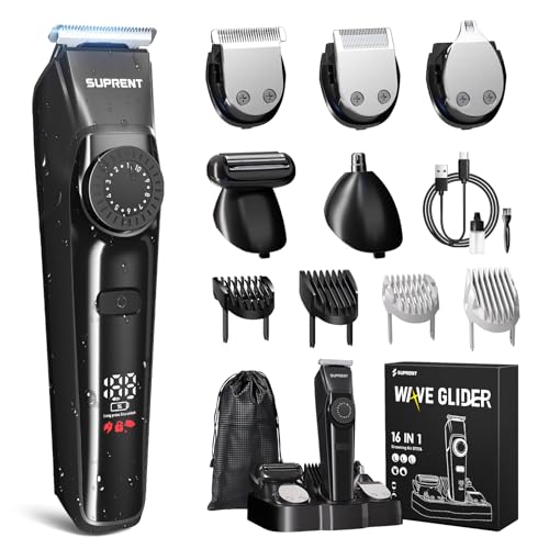 SUPRENT Men's Beard Trimmer – 5 in 1 Electric Shaver with 4 Accessories, IPX7 Waterproof Beard Trimmer, 90 Min Battery Life and LED Display