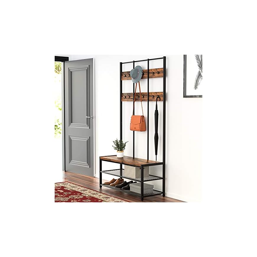 VASAGLE Large Coat Rack Stand, Coat Tree with 12 Hooks and Shoe Bench