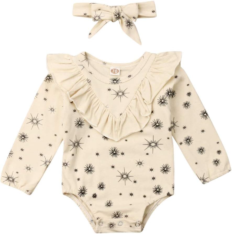 Newborn Baby Girls Floral Print Long Sleeve Round Neck Vintage Romper Infants Ruffles Jumpsuit