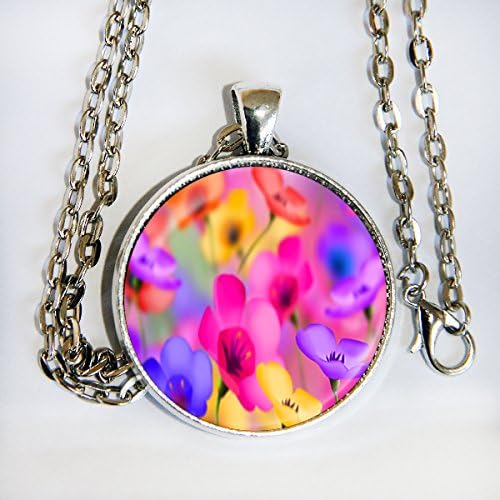 Colorful Flowers glass cabochon domed pendant necklace
