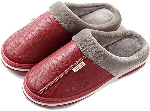 2019 Men's Slippers Winter Leather Thick with Plush Home Waterproof Flats Warm Indoor Shoes Non-Slip Slipper