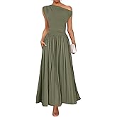 ZESICA Women's Summer 2026 Sleeveless Maxi Dress One Shoulder Casual Slim Swing Pleated Formal Dresses with Pockets