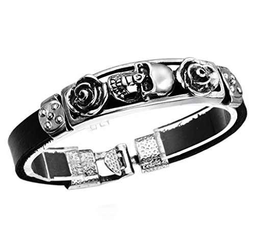 Cupimatch Mens Gothic Retro Alloy Skull Rose Leather Bracelet Cuff Bangle