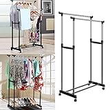 Portable Rolling Clothing Garment Rack Height Adjustable Double Rail Clothes Stand Rack with Top Rod and Lower Storage Shelf for Boxes Shoes Boots Heavy Duty [US Stock]