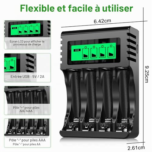 POWEROWL 4 Slots Chargeur Piles Rechargeable Charge Rapide pour AA AAA Rechargeable avec Port USB