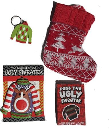 Ugly Sweater Party Gift Bundle of 4 Items: Ornament, Pass the Ugly Sweater card game, Keychain, and Mini Stocking
