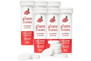GLUCOLOGY Glucochews Raspberry Glucose Tablets – 60 Tablets (10 per Tube, 6 Pocket-Sized Tubes) – 3.8g Fast-Acting Glucose Each – Boosts Energy – Gluten-Free, Fat-Free, Caffeine-Free