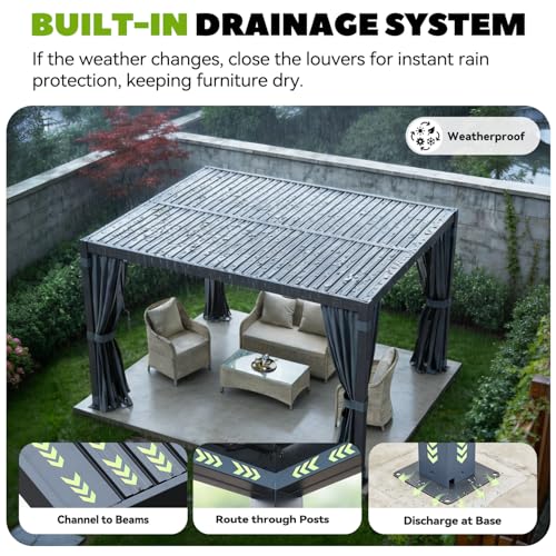 MELLCOM Louvered Pergola 10'x12', Aluminum Pergola with Adjustable Louvered Roofs, Outdoor Gazebo with Waterproof Curtains and Nets (10'x12' Black)