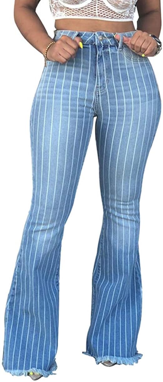 Women's Fashion Striped Bell Bottom Jeans Classic High Waist Flared