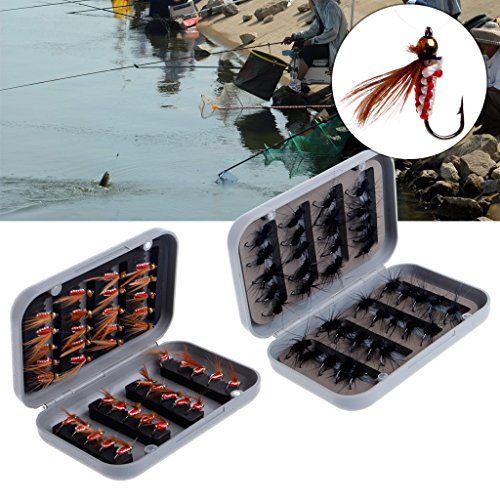 ULKEME 40Pcs Fly Fishing Lure Flies Hooks Feather Baits Fishing Tackle With Box Tool