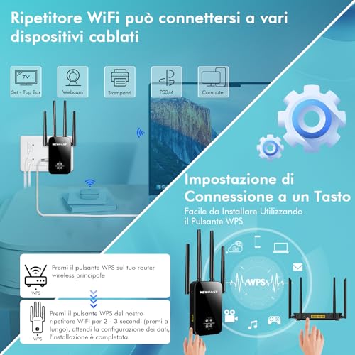 NEWFAST Repetidor WiFi AC1200 Amplificador Señal WiFi 5GHzy2,4GHz Amplificador Wi-Fi, 4 * 3dBi Antenas, Punto de Acceso con Cobertura de 360°,Extensor Wi-Fi