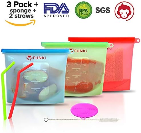Silicone Storage Bag Set of 3 x 1000ml Reusable Food Bags, 2 Silicone Straws, 1 Silicone Sponge by FUNKi.100% Leak Proof and Heat Resistant-Airtight & Ideal for Storage