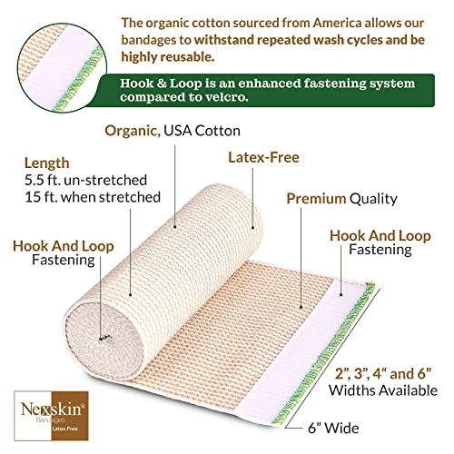 NexSkin Organic Cotton Elastic Bandage Wrap (6"" Wide, 6 Pack) | Hook & Loop Fasteners | Sports