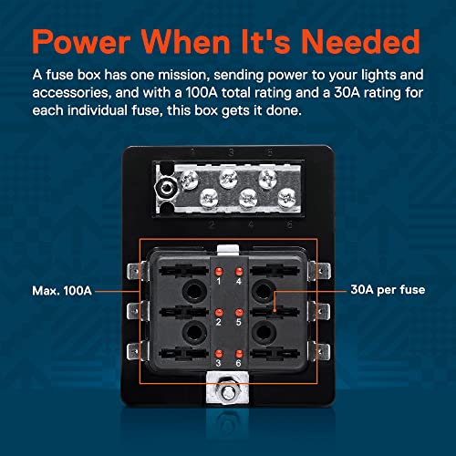 6 Way Blade Fuse Box with Ground Negative Bus bar for Automotive [ATC/ATO Blade Fuses] [100 Amp