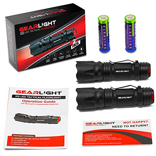 GearLight M3 LED Tactical Flashlight [2 PACK] with Belt Clip, Batteries