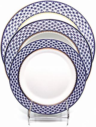Royal Porcelain 3-pc Place Setting: Dinner, Dessert and Soup Plates, Lomonosov Ornament, Russian Saint Petersburg Cobalt Blue Net, 24K Gold Accents Bone China HANDMADE