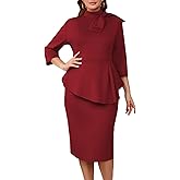 WanMem Plus Size Dress for Curvy Women Semi Formal Cocktail Party Midi Dress Bodycon Long Sleeve Bow Ruffle Pencil Dresses