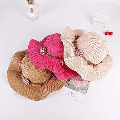 Breiter Chapeau De Paille Enfant Été - 100% Paille Naturelle Avec Bande Cuir Synthétique, Protection Solaire Large Bord 49 Cm