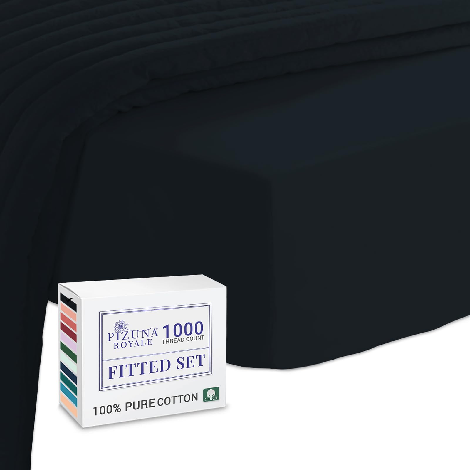 Pizuna Luxurious Cotton King Size Fitted Sheet Black, 1000 Thread Count 100% Long Staple Cotton Fitted Sheets King Size 150x200 cm, Sateen Weave Thick Fitted Sheet Extra Deep 40 cm Fit - 1 PC