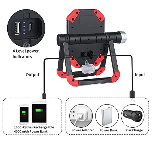 LED Work Light Rechargeable, 2000LM 3 COB Magnetic Working Lights with 4000mAh Mobile Charge and 360° Rotation Stand, Waterproof Portable LED Flashlight Work Light for Car Repairing (Red)