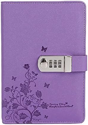 PU Notebook with Lock, ABBER PU Leather Journal Password Diary with Combination Lock Stationery Student Handbook Notepad (Purple)