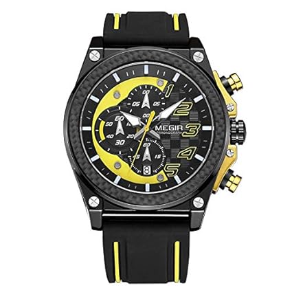 MEGIR Japanese Quartz Siilicon Strap Waterproof Chronograph Wristwatch for Men Megir 2051 - Black Yellow