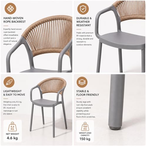 MARCOLO Chair with Arms, Outdoor Plastic Dining Armchair, Weather & UV Resistant Patio Chair for Balcony, Garden, Kitchen & Indoor Outdoor Use, Modern Rope-Style Design, 41x53.5x82cm (Grey)