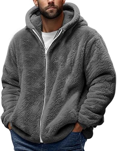Mens Fuzzy Fleece Jackets Zip Up Sherpa Hoodies Lightweight Casual