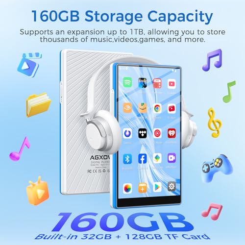 AGXOV MP3 Player with Wi-Fi & Bluetooth, 5 Inch Touchscreen MP4 Player, 96GB Android Music Player with Spotify, Amazon Music, Deezer, FM Radio, Voice Recorder, E-book Reader, Blue & White