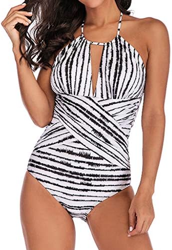 Xturfuo One-Piece Swimsuit Women's Hanging Neck Black and White Striped Perspective Hollow Backless Bikini Monokini Beachwear