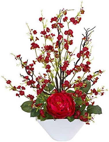 Nearly Natural Rose & Cherry Blossom Artificial Silk Arrangements, Red