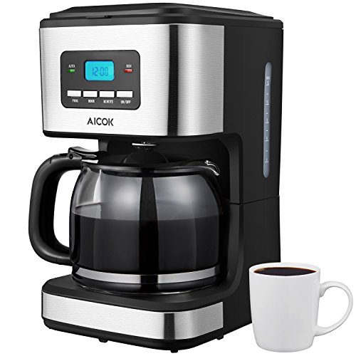 Aicok Programmable 12-Cup Coffee Maker 12 Cup, Drip Coffee Maker with Glass Carafe / Coffee Pots 12 Cup, Anti-Drip System, Programmable Clock/Timer, Permanent Filter, Black