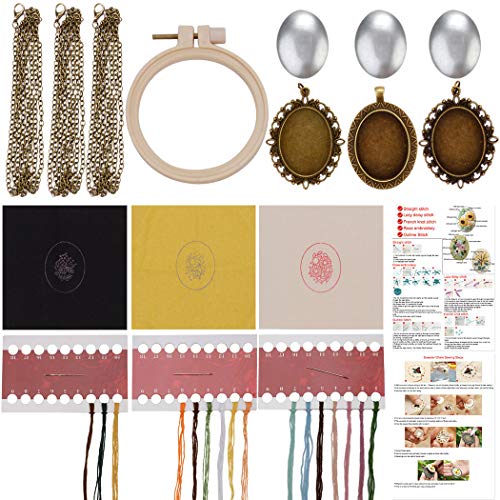 Beginner Embroidery Kit, Outgeek 3PCS Embroidery Starter Kit Set Embroidered Stitching Pendants Hand Sewing Necklace Earrings Pendants Floral Plate Jewelry Necklace for Art Crafts Sewing and Hanging