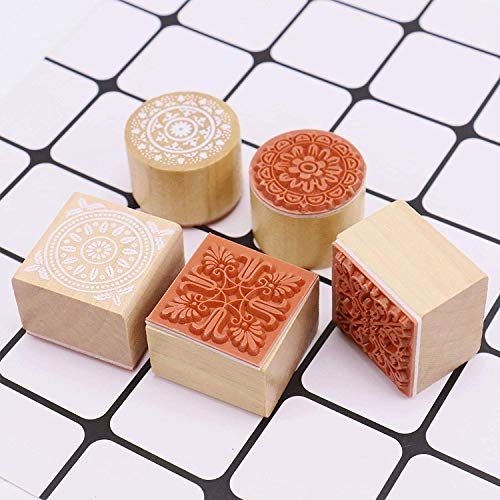 12Pcs Wooden Stamps Floral Pattern Rubber Stamp Round and Square Lace Wooden Rubber Stamp for Scrapbooking and DIY Craft Card