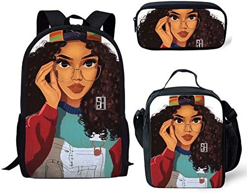 ELEQIN Junior School Bookbag Set with Lunchbag and Penicl Case for Kids Girls Boys Backpack Black Queen African Girl Campus Students Rucksack