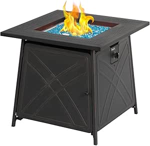An outdoor gas fireplace