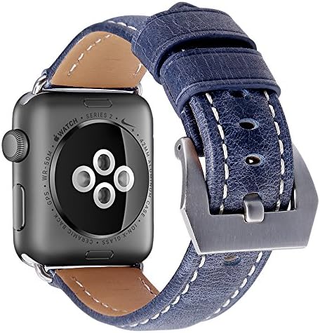 Apple Watch Band 38mm, YQW Genuine Leather iwatch Strap Replacement Band with Stainless Metal Clasp Buckle for Apple Watch Series 2, Series 1, Sport, Edition, Blue