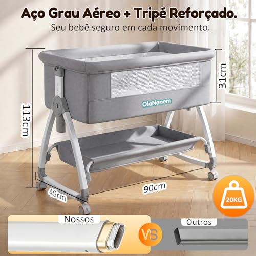 OLANENEM 6 em 1 Berço Portátil, Berço Moisés com Fraldário e Mosquiteiro, Berço Acoplado à Cama com Suporte Triangular de Aço Carbono, 6 Alturas e Inclinação Antirrefluxo 5°(Cinza)