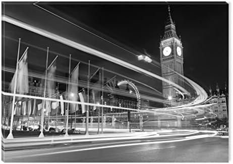 Startonight Canvas Wall Art Black and White Abstract Big Ben Lights London UK Europe, Dual View Surprise Artwork Modern Framed Ready to Hang Wall Art 100% Original Art Painting 23.62 X 35.43 inch