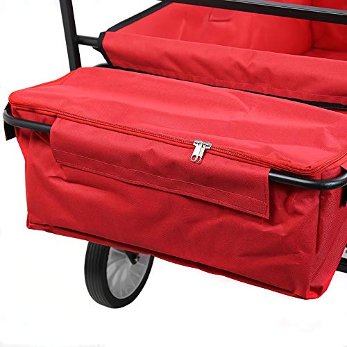 Collapsible Outdoor Utility Wagon with Top Canopy, Heavy Duty Folding Garden Portable Hand Cart, with Drink Holder, Suit for Shopping and Park Picnic, Beach Trip and Camping (Red w top) - Thumbnail 2