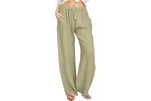 Ruziyoog Women Summer Pants Drawstring High Waisted Cotton Linen Palazzo Pants Wide Leg Long Lounge Pant Trousers with Pocket