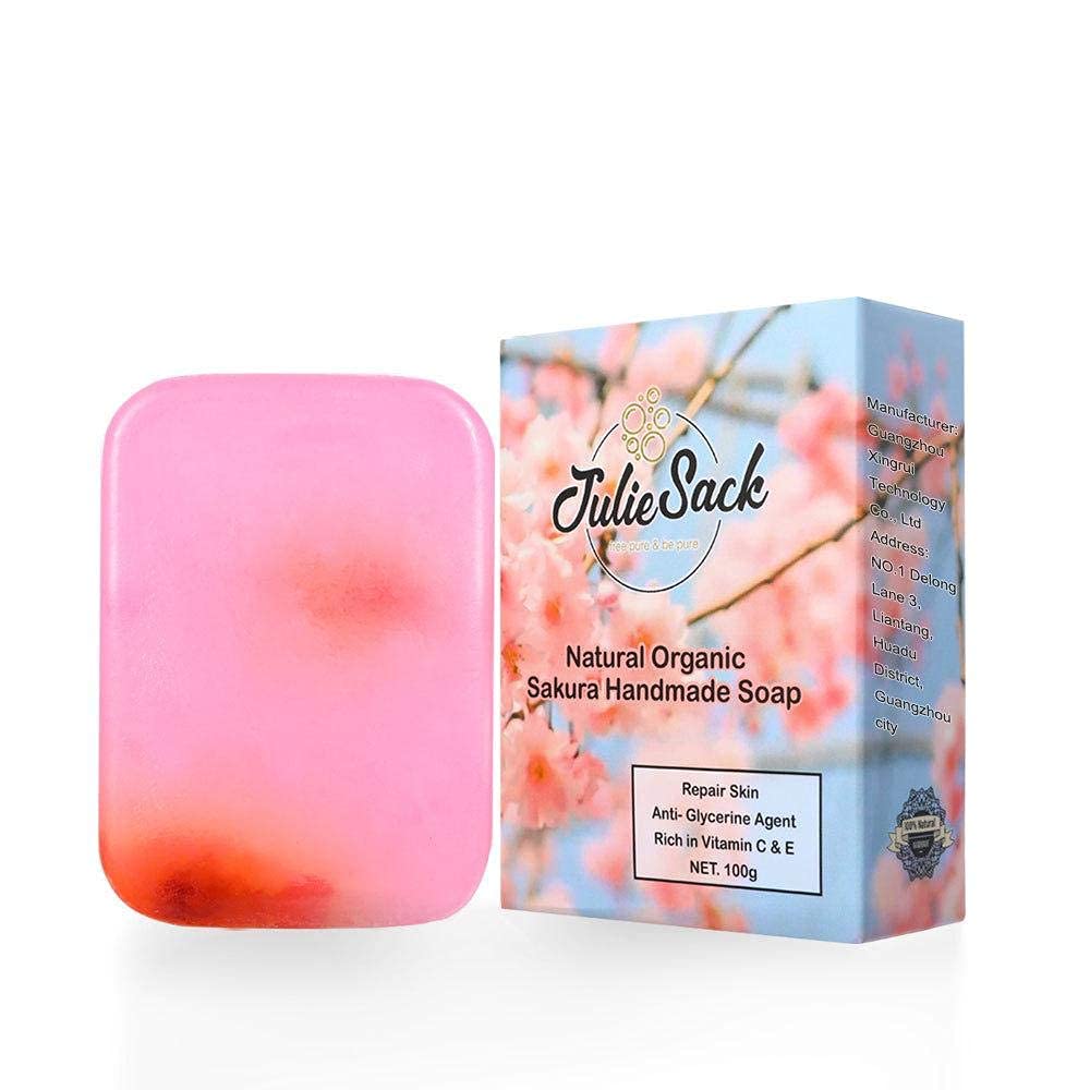 JulieSack Natural Organic Sakura Skin Repairer Handmade Exfoliating Soap Bar - 100g | Anti Glycerine, Aging, and Wrinkle Agent |Prevent Acne, Pores, Spots, Blackhead | Facial & Body Cleaner