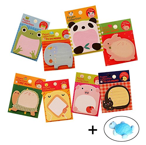 Konoder Cute Cartoon Sticky Note Self-stick Note Post it Notes (8 Animal Shapes) with Turtle Shaped Eraser