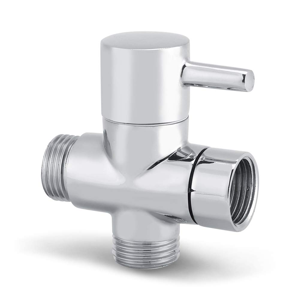 Shower Arm Diverter Valve Brass G1/2 3 Way Universal Bathroom Shower System Component Replacement for Handheld Fixed Spray Shower Head, Polished Chrome, Metal T-Adapter with Shut-Off Valve